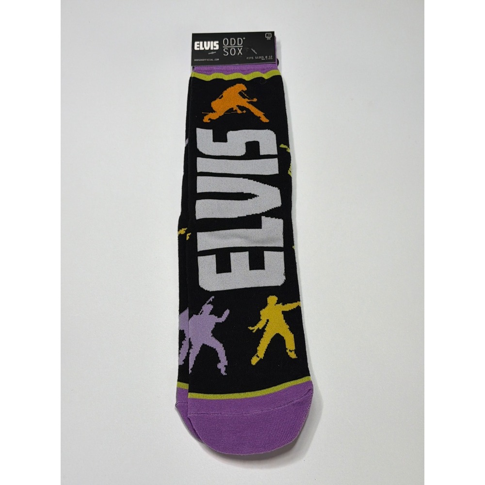 ODD SOX Elvis Presley Graphic Crew Socks Fits Mens 8-12 Womens 9-13 Black Purple
